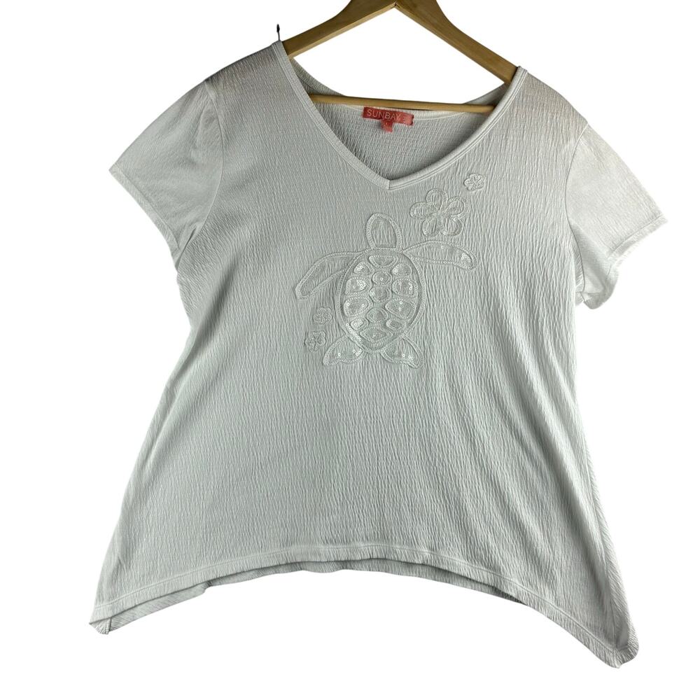 Sun Bay Sequin Turtle Flowers V-Neck T-Shirt Women Large Textured White Beach